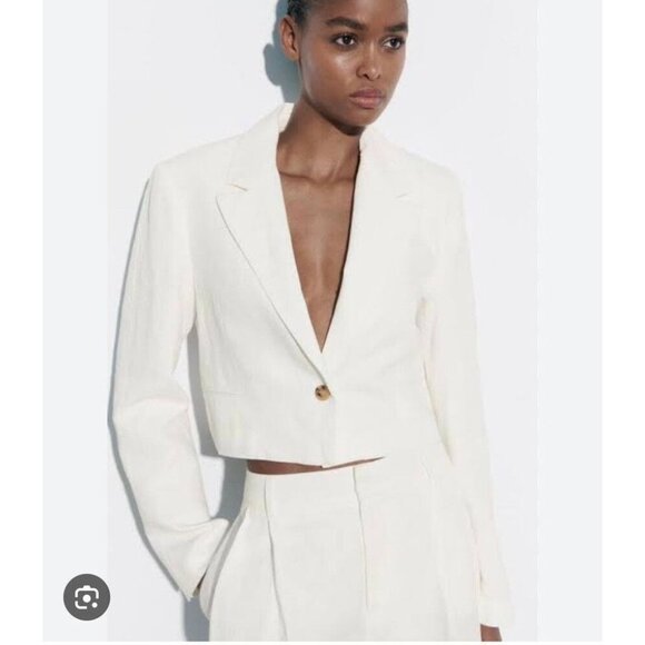 NWT ZARA White Cotton Linen Blend Cropped Single Breasted Blazer, Size M - Picture 15 of 16